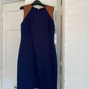 Lauren navy sheath dress with leather detail